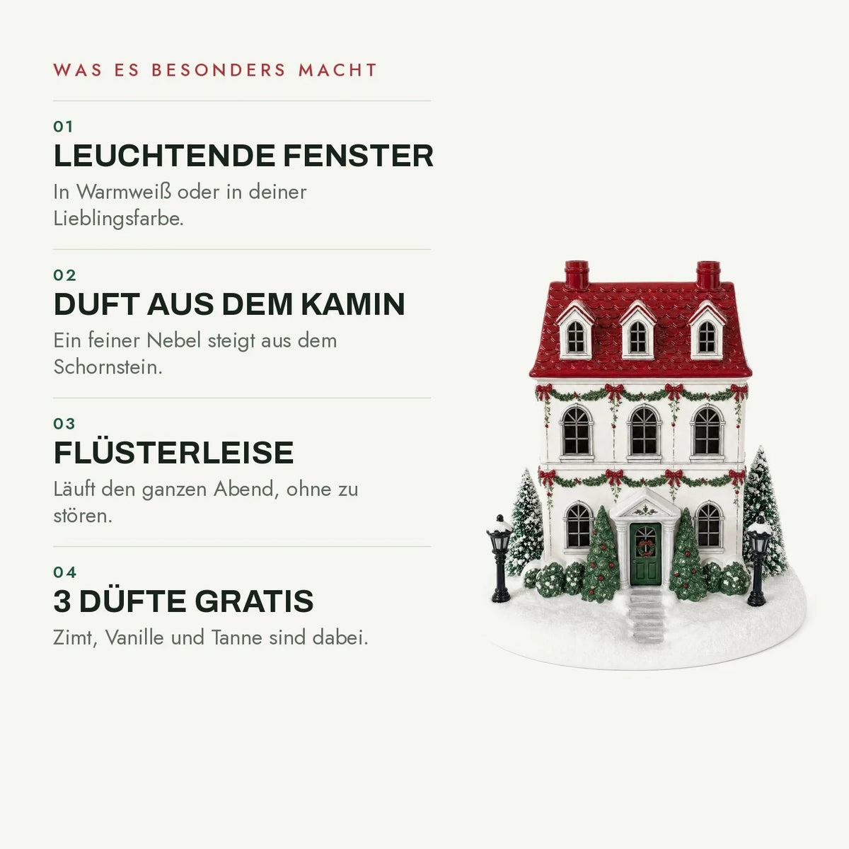Was es besonders macht: Fenster, Duft aus dem Kamin, flüsterleise, 3 Düfte gratis