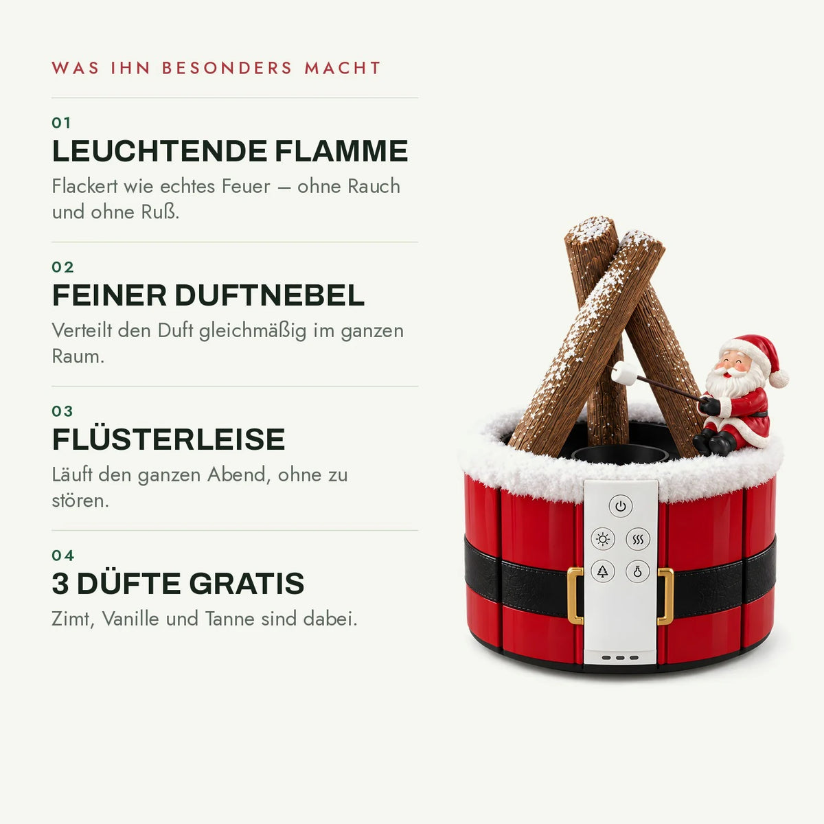 Was ihn besonders macht: Flamme, Duftnebel, flüsterleise, 3 Düfte gratis